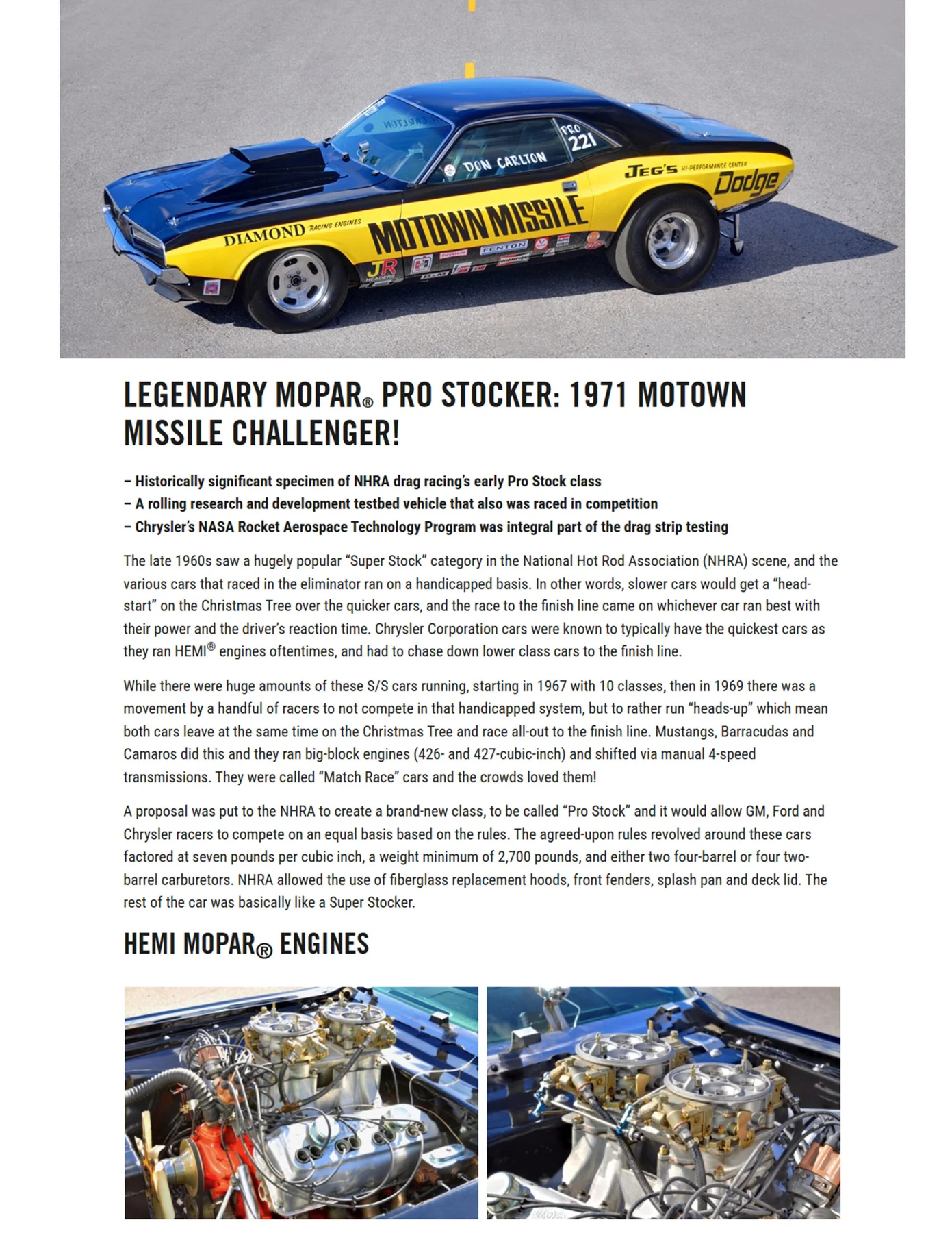 Owner-site archival page featuring the Motown Missile Challenger